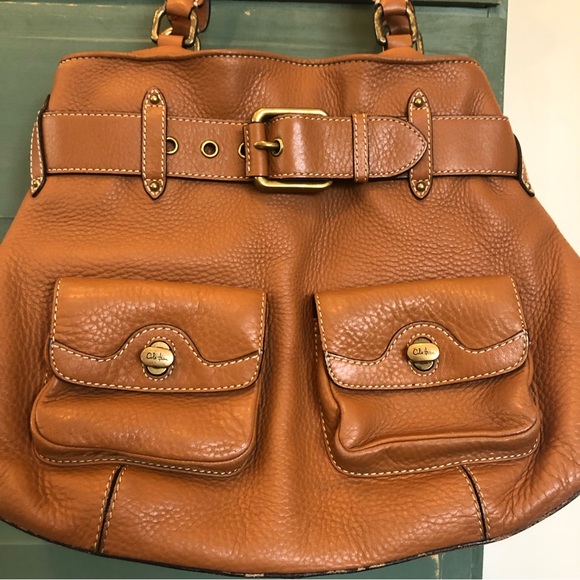 Cole Haan large belted turn lock satchel brown pebbled leather tote handbag - Picture 2 of 12